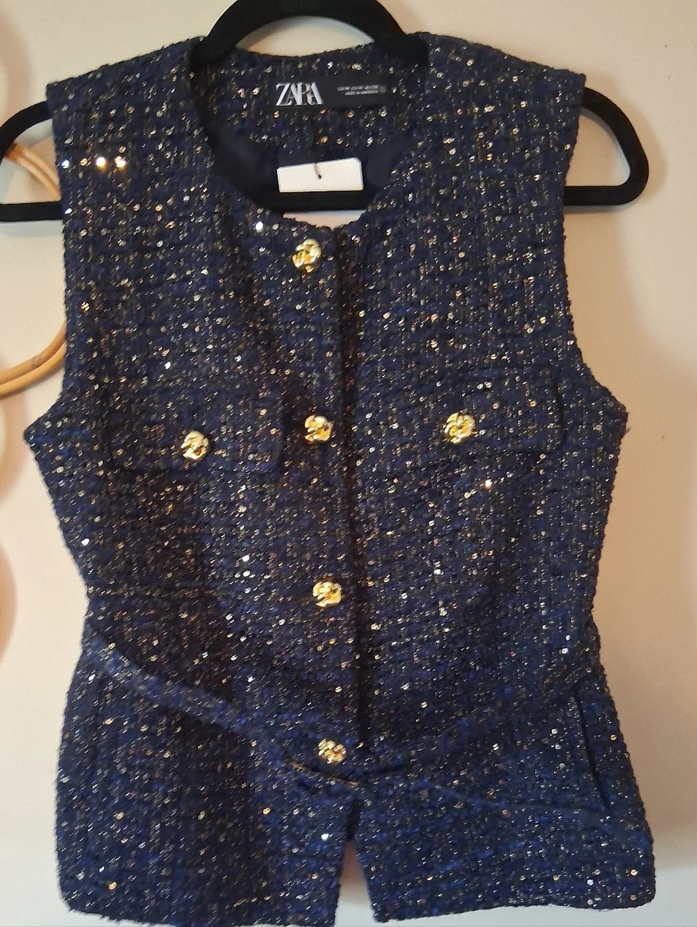 Zara Belted Seqiin Structured  Vest Navy  Size M - Picture 4 of 13